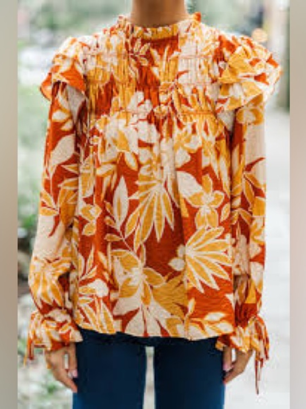 155 GeeGee Smocked Ruffle Neck Long Sleeve Blouse